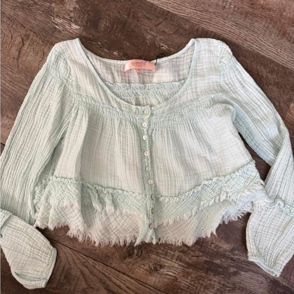 Green Cropped Ruffled Blouse with 3/4 Sleeves